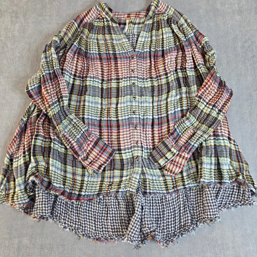 Free People Plaid Button Top Women XS Come On Over Multi Color Boho Oversized